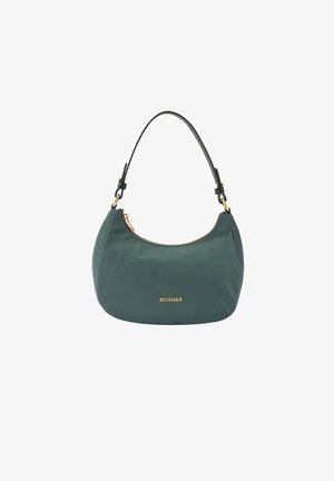 Sac à main en nylon vert avec une texture lisse, une forme courbée, des finitions en or et une sangle en cuir noir. Le nom de la marque "BOGNER" est affiché en doré.