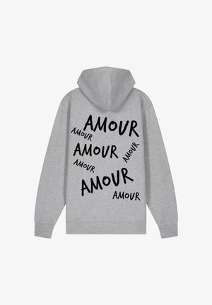 Grauer Hoodie mit großer "AMOUR"-Aufschrift in unterschiedlichen Ausrichtungen und Größen, mit Kordelzugkapuze sowie gerippten Bündchen und Saum.