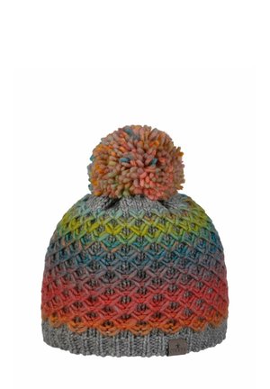 Knitted winter hat with multicolor gradient pattern in green, blue, red, and orange, topped with a multicolor pom-pom.