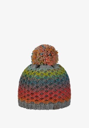Knitted winter hat with multicolor gradient pattern in green, blue, red, and orange, topped with a multicolor pom-pom.