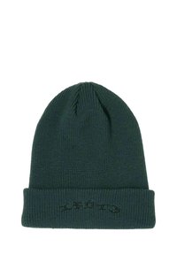 Berretto lavorato a maglia verde scuro con una finitura testurizzata, caratterizzato da un risvolto e dettagli ricamati neri sullo frontale.