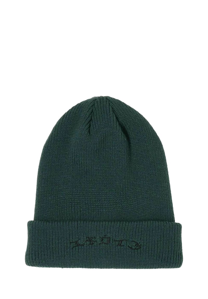 Berretto lavorato a maglia verde scuro con una finitura testurizzata, caratterizzato da un risvolto e dettagli ricamati neri sullo frontale.