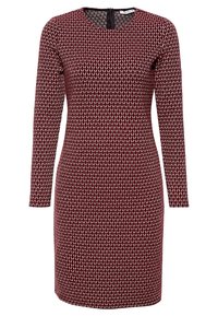 Robe ajustée à manches longues avec col rond en bordeaux présentant un petit motif géométrique blanc et une fermeture éclair au dos.