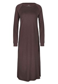 Langärmliges, dunkelbraunes Kleid aus weichem Stoff mit einem Rundhalsausschnitt, gerippten Bündchen und seitlichem Schlitz für Bewegungsfreiheit.