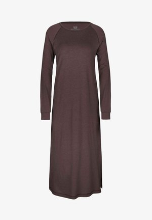 Langdurige, donkerbruine jurk van zachte stof met een ronde halslijn, geribbelde manchetten en een zijsplit voor gemak in beweging.