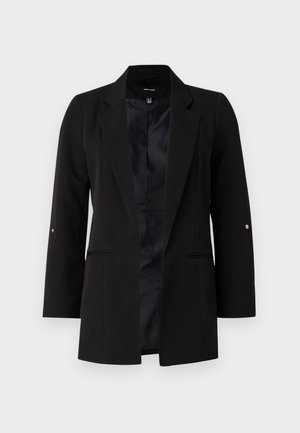Black tailored blazer with long sleeves, notched lapels, front pockets, and a satin lining. Features gold accents on sleeve buttons.