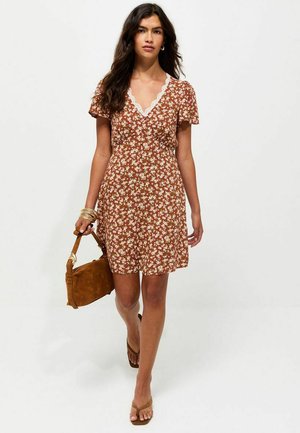 New Look, ORANGE  DITSY PRINT LACE TRIM MINI TEA DRESS - Robe chemise - orange