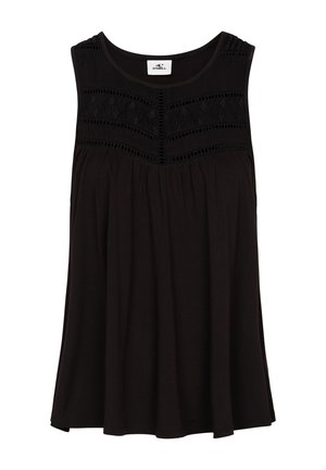 Melnā bez piedurknēm topa no mīksta auduma, ar teksturētu paneli ģeometriskām formām ap kakla izgriezumu un brīvu, plūstošu siluetu.