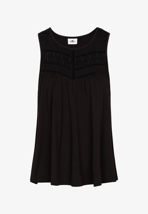 Must värviga ilma varrukateta pluus pehmest kangast, millel on tekstureeritud paneel geomeetriliste mustritega kaeluses ja lõtv, voolav siluett.