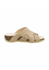 Beige leather slide sandal with crossover straps, open toe, textured brown sole, and soft interior lining. Suitable for casual wear.