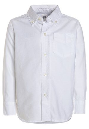 Weißes langärmliges Hemd mit Knöpfen, Kragen, einer einzelnen Brusttasche und perlenähnlichen Knöpfen, gefertigt aus glattem Stoff.