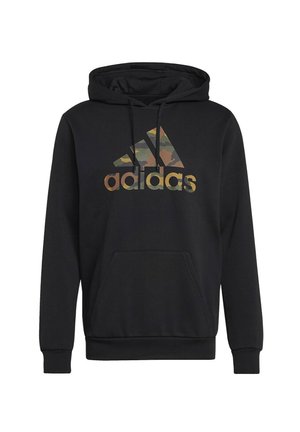 Felpa nera con cappuccio, tasca frontale a marsupio e logo Adidas in motivo mimetico verde e marrone sul petto.