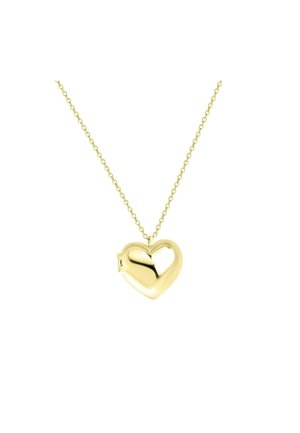 Gouden hartvormige locket hanger aan een schakelschakel. Het hart heeft een gladde, reflecterende oppervlakte met een sluiting voor opening.