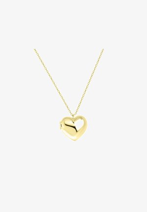 Gold-tone heart locket pendant on a linked chain. The heart features a smooth, reflective surface with a clasp for opening.