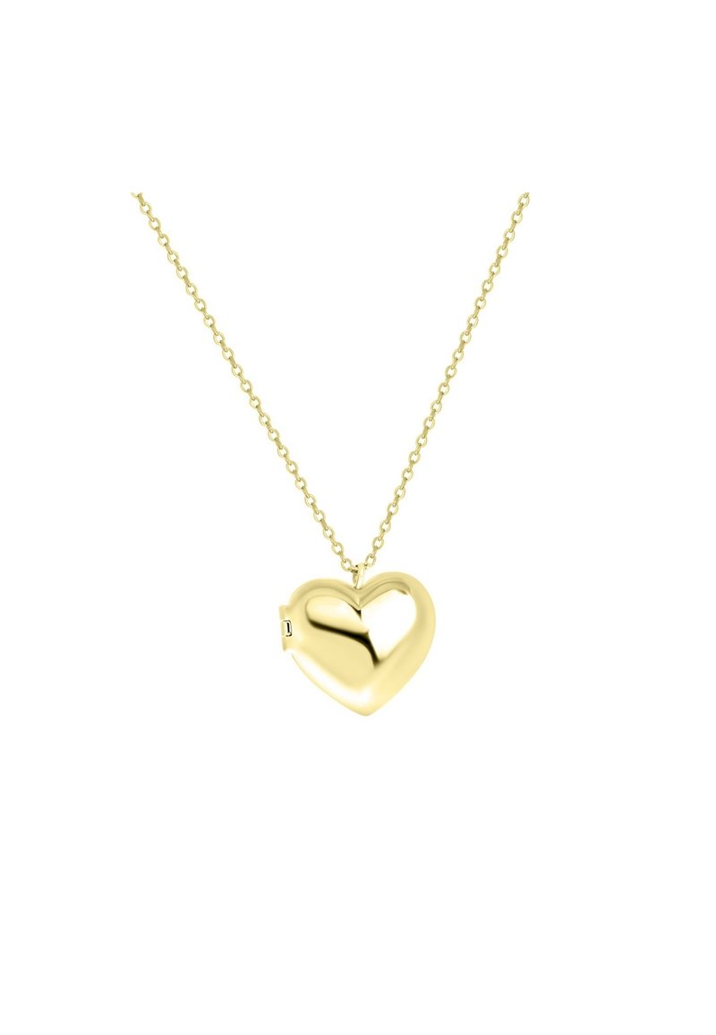 Pendentif médaillon en forme de cœur en or, sur une chaîne à maillons. Le cœur présente une surface lisse et réfléchissante avec un fermoir pour l'ouvrir.