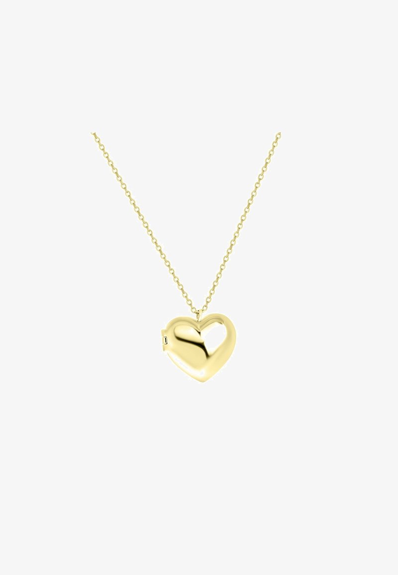 Pendentif médaillon en forme de cœur en or, sur une chaîne à maillons. Le cœur présente une surface lisse et réfléchissante avec un fermoir pour l'ouvrir.