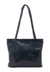Borsa a tracolla in pelle blu navy con due manici lunghi, caratterizzata da una superficie liscia e forma rettangolare. Nessun hardware o motivo visibile.