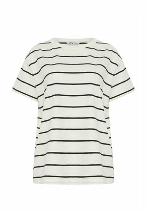 Witte T-shirt met korte mouwen, voorzien van gelijkmatig verdeelde dunne zwarte horizontale strepen en een ronde halslijn.