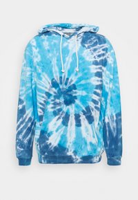 Blue tie-dye hoodie featuring a spiral pattern, long sleeves, a kangaroo pocket, and drawstring hood. Soft, cotton-blend material.