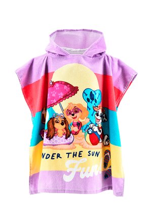 Kinder-Badehandtuch mit Kapuze und bunten Hunden mit Sonnenbrillen, einem Strand-Sonnenschirm, Ball, Flip-Flops und dem Text "Unter dem Spaß in der Sonne".