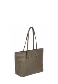 Sac fourre-tout en cuir olive avec une texture lisse, deux poignées de épaule et une forme rectangulaire. Présente un design minimaliste sans matériel visible.