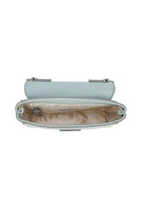 Helles blaues Lederhandtasche mit glatter Außenfläche, Reißverschluss und beigem Innenfutter. Verfügt über silberfarbene Beschläge und ein geräumiges Fach.