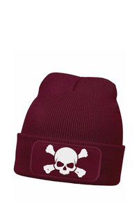 Maroon beanie hat with ribbed texture; features a white skull and crossbones graphic on a rectangular patch at the front.