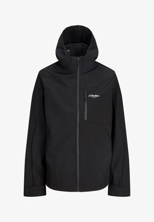 Czarna kurtka z kapturem, pełnym zamkiem błyskawicznym z przodu, kieszenią na piersi na zamek oraz logo "JJ Studios" na lewej piersi.