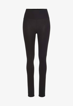 Hochtaillierte schwarze Leggings aus dehnbarem Stoff, mit einer glatten Textur und körpernaher Passform, die an den Knöcheln zuläuft.