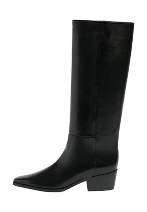 Botte haute noire en cuir avec un petit talon bloc et un bout pointu, vue de profil sur fond blanc.