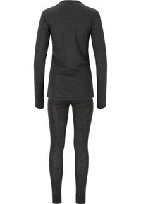 Top grigio scuro a maniche lunghe e leggings coordinati, realizzati in un tessuto liscio e elasticizzato, con design aderente e dettagli di cuciture visibili.