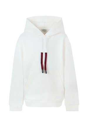 Witte hoodie van zacht materiaal, met een voorzak, rode gevlochten koorden en een merklabel aan de zoom.
