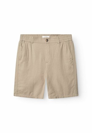 Beige casual shorts with elastic waistband, button closure, belt loops, and side pockets, laid flat on a white background.