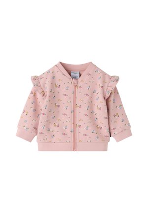 Roze babyjas met kleine meerkleurige bloemenprint, rits aan de voorkant, lange mouwen, geribde manchetten en ruches op de schouders.