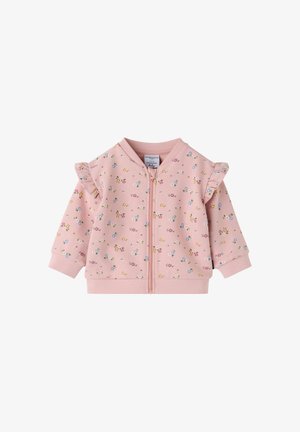 Lyserød babyjakke med små multifarvede blomsterprint, lynlås foran, lange ærmer, ribkanter og flæsedetaljer på skuldrene.