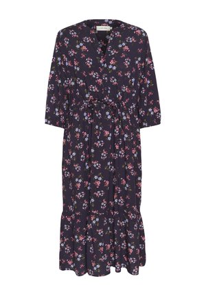 Kwiatowa sukienka maxi w ciemnonawowym materiale, z rękawami 3/4, zapinana na guziki z przodu, z paskiem w talii i falbaniastym dołem zdobionym kolorowymi wzorami kwiatowymi.