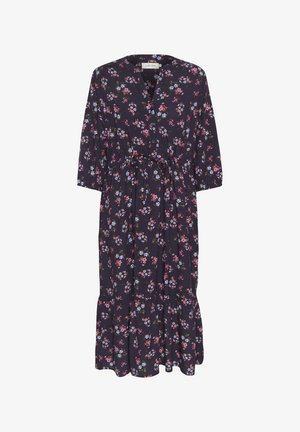 Kwiatowa sukienka maxi w ciemnonawowym materiale, z rękawami 3/4, zapinana na guziki z przodu, z paskiem w talii i falbaniastym dołem zdobionym kolorowymi wzorami kwiatowymi.