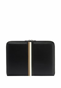 Portefeuille en cuir noir zippé avec des rayures verticales beiges et blanches centrées à l'avant.