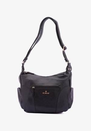 Zwarte leren schoudertas met een gestucte afwerking, voorzien van een voorvak met rits en hardware in goudkleur. Verstelbare schouderband voor gemak.