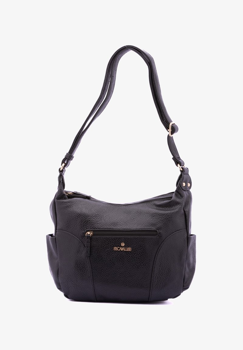 Borsa a tracolla in pelle nera con una finitura texturizzata, dotata di una tasca frontale con zip e hardware in tonalità dorata. Tracolla regolabile per maggiore comodità.