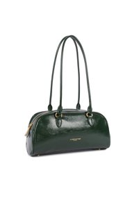 Sac à main en cuir vert avec une finition brillante, de forme arrondie, deux poignées pour l'épaule et des accessoires en ton doré. Il dispose d'une fermeture zippée.