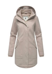 Manteau long beige avec capuche, fermeture éclair à l'avant, deux poches latérales et poignets côtelés. Fabriqué en tissu doux et texturé.