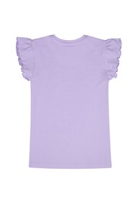 Top corto de color lila con mangas rizadas y escote redondo. Tela de algodón suave, diseño sencillo y acabado recto en la cintura.