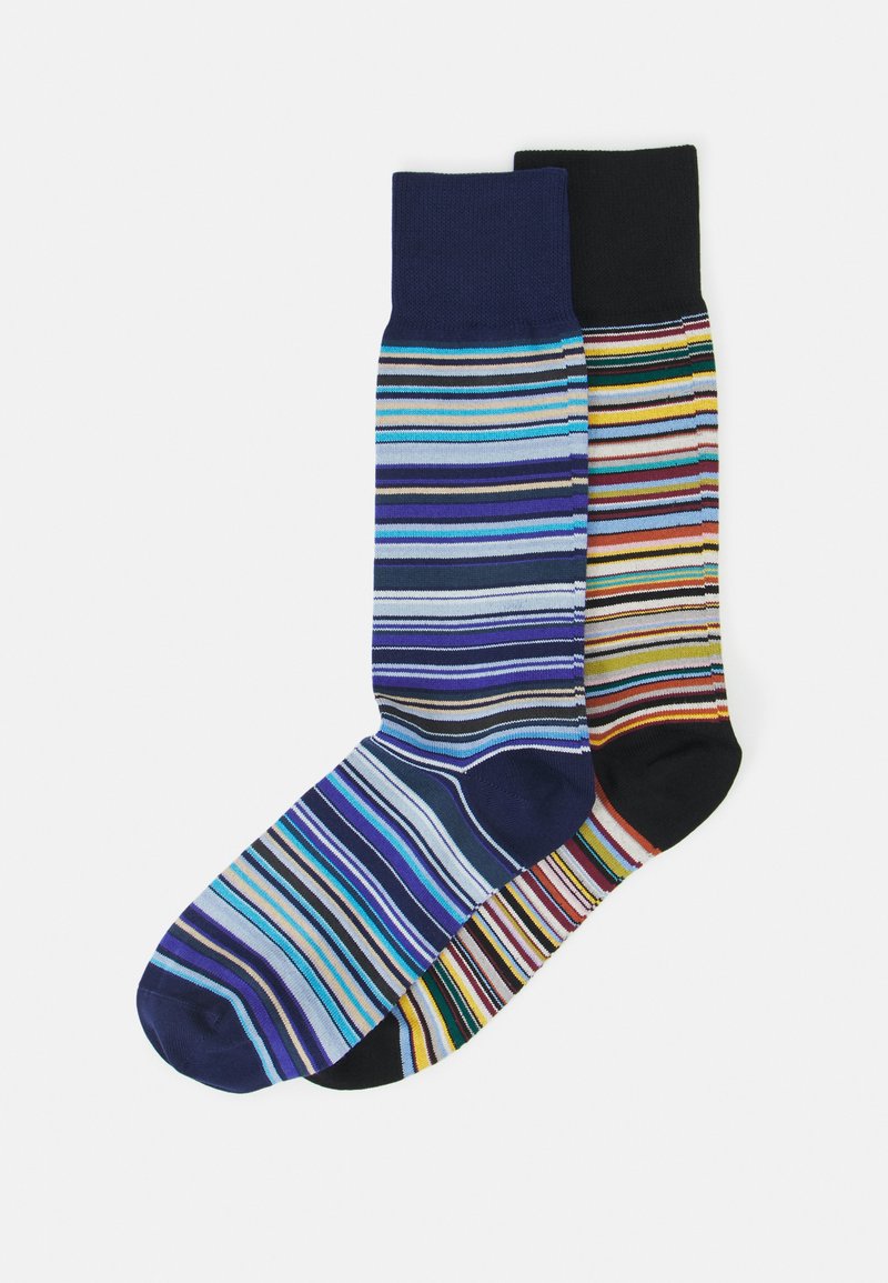 Striped cotton socks, one in blue shades and the other in multicolor, featuring a ribbed cuff and smooth texture, suitable for casual wear.