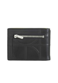 Portafoglio in pelle nera con un motivo geometrico testurizzato. Presenta una tasca con zip argentata e fodera interna gialla a contrasto.