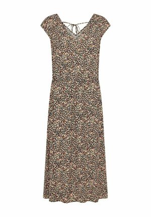 Cvetna obleka do kolen v črni barvi z majhnimi roza, belimi in rumenimi cvetovi. Ovratnik v obliki V in kratki rokavi v obliki kapice, z mašnjo na hrbtu.