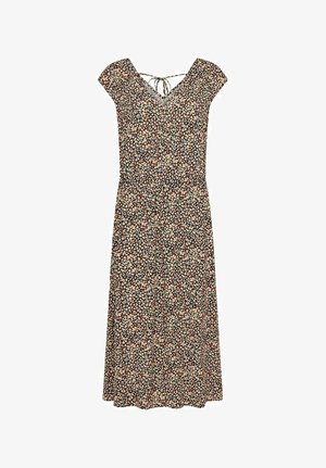 Robe florale mi-longue noire ornée de petites fleurs roses, blanches et jaunes. Décolleté en V et manches courtes à empiècement, avec un lien à l'arrière.