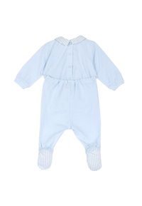 Body in cotone azzurro chiaro per neonati con maniche lunghe, chiusura a bottoni e colletto a righe. Design con piedini, polsini elasticizzati e dettagli sui piedi.