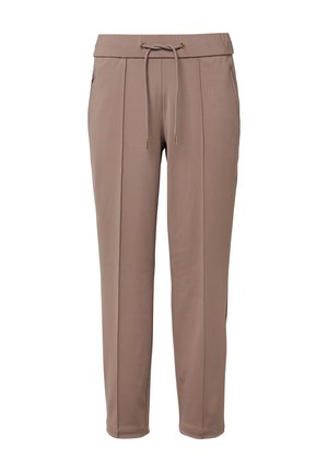 Pantalons de survêtement marron clair en tissu doux, dotés d'une taille élastique avec cordon de serrage, de poches latérales et de détails de couture verticaux.