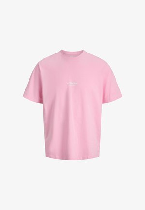 Roza bombažna majica z udobnim krojem, okroglim izrezom, kratkimi rokavi in belim logotipom "JJ Studios" spredaj. Mehak videz, preprost dizajn.